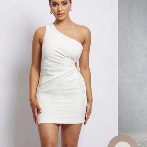 NWT KIRA White One Shoulder Linen Side Cut Out Mini Dress
